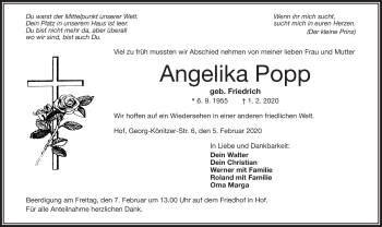 Traueranzeige von Angelika Popp von Frankenpost