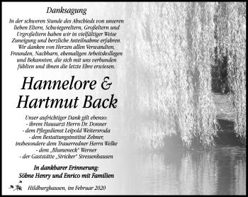 Traueranzeige von Hannelore Back von Südthüringer Presse