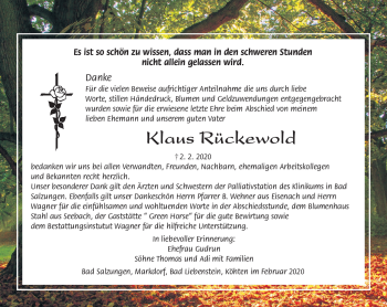 Traueranzeige von Klaus Rückeworld von Südthüringer Presse