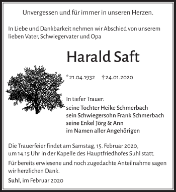 Traueranzeige von Harald Saft von Südthüringer Presse