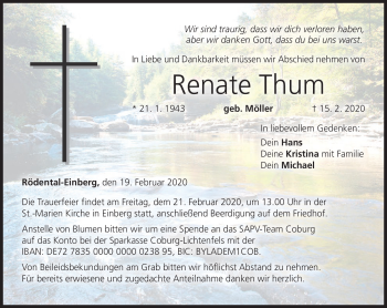 Traueranzeige von Renate Thum von Neue Presse Coburg