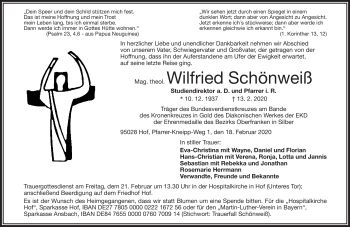 Traueranzeige von Wilfried Schönweiß von Frankenpost