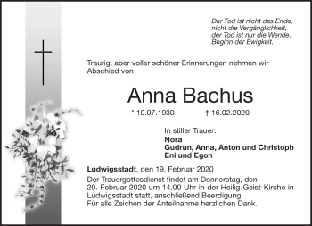 Traueranzeige von Anna Bachus von Neue Presse Coburg