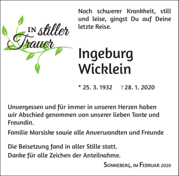 Traueranzeige von Ingeburg Wicklein von Südthüringer Presse