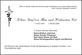 Traueranzeige von Klaus Graf von Thun und Hohenstein Veit von Frankenpost