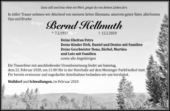 Traueranzeige von Bernd Hellmuth von Südthüringer Presse