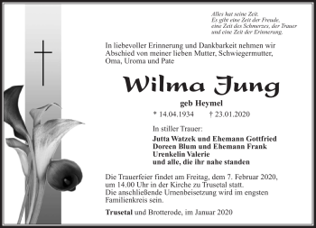 Traueranzeige von Wilma Jung von Südthüringer Presse