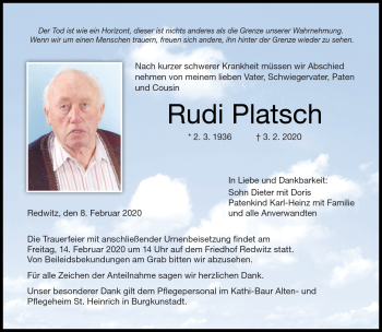 Traueranzeige von Rudi Platsch von Neue Presse Coburg