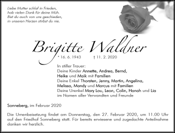 Traueranzeige von Brigitte Waldner von Südthüringer Presse