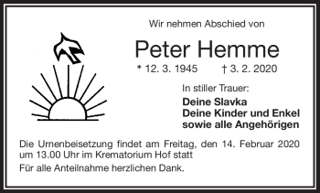 Traueranzeige von Peter Hemme von Frankenpost