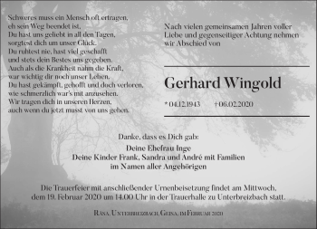 Traueranzeige von Gerhard Wingold von Südthüringer Presse