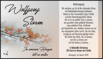 Traueranzeige von Wolfgang Storm von Südthüringer Presse