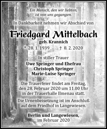 Traueranzeige von Friedgard Mittelbach von Südthüringer Presse