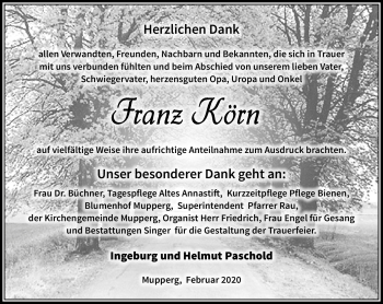 Traueranzeige von Franz Körn von Südthüringer Presse
