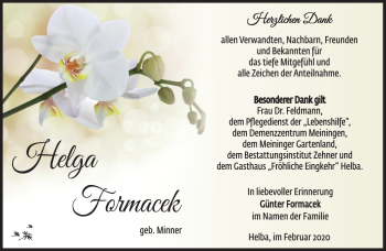 Traueranzeige von Helga Formacek von Südthüringer Presse