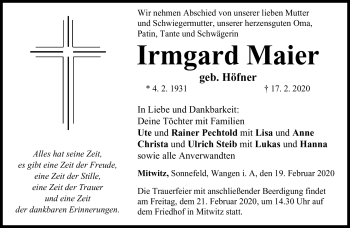 Traueranzeige von Irmgard Maier von Neue Presse Coburg