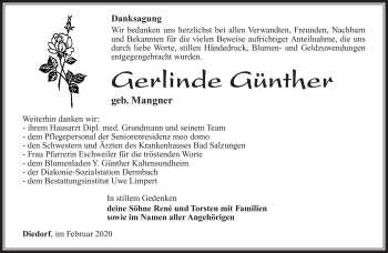Traueranzeige von Gerlinde Günther von Südthüringer Presse