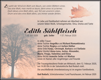 Traueranzeige von Edith Sühlfleisch von Südthüringer Presse