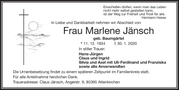 Traueranzeige von Marlene Jänsch von Frankenpost