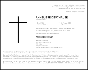Traueranzeige von Anneliese Deschauer von Südthüringer Presse