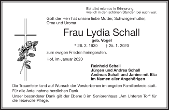 Traueranzeige von Lydia Schall von Frankenpost