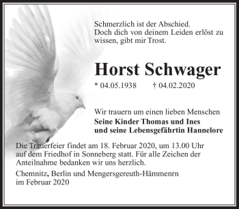 Traueranzeige von Horst Schwager von Südthüringer Presse