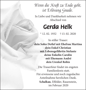 Traueranzeige von Gerda Helk von Südthüringer Presse