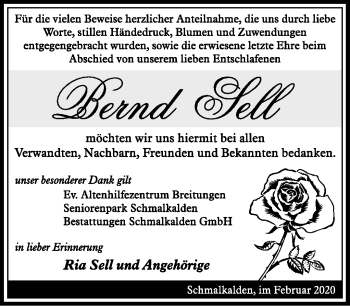 Traueranzeige von Bernd Sell von Südthüringer Presse