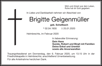 Traueranzeige von Brigitte Geigenmüller von Frankenpost