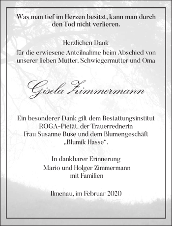 Traueranzeige von Gisela Zimmermann von Südthüringer Presse