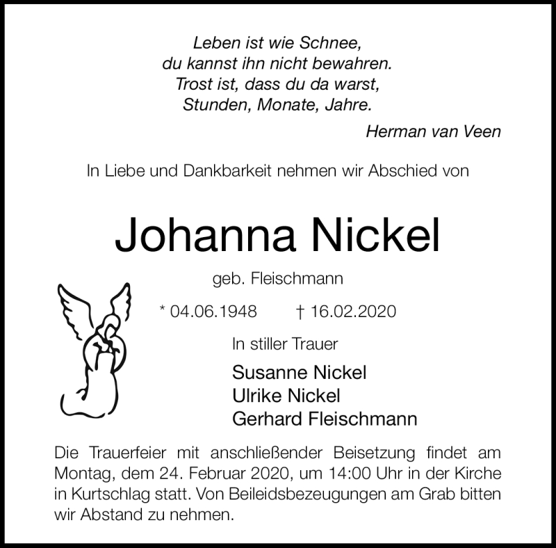  Traueranzeige für Johanna Nickel vom 20.02.2020 aus Südthüringer Presse