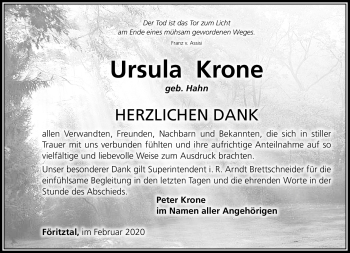 Traueranzeige von Ursula Krone von Südthüringer Presse