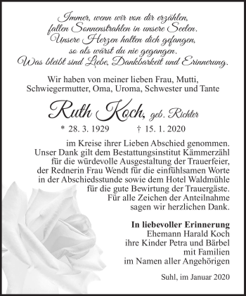 Traueranzeige von Ruth Koch von Südthüringer Presse