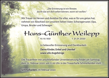 Traueranzeige von Hans-Günther Weilepp von Südthüringer Presse