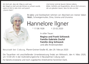 Traueranzeige von Hannelore Ilgner von Neue Presse Coburg