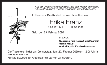 Traueranzeige von Erika Franz von Frankenpost