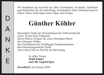 Traueranzeige von Günther Köhler von Südthüringer Presse