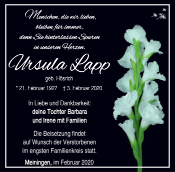 Traueranzeige von Ursula Lapp von Südthüringer Presse