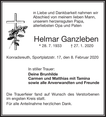 Traueranzeige von Helmar Ganzleben von Frankenpost