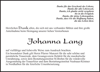 Traueranzeige von Johanna Lang von Neue Presse Coburg