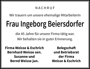 Traueranzeige von Ingeborg Beiersdorfer von Neue Presse Coburg