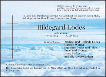 Traueranzeige von Hildegard Lodes von Neue Presse Coburg
