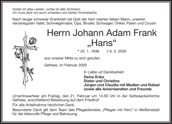 Traueranzeige von Johann Adam Frank von Frankenpost