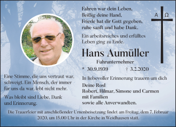 Traueranzeige von Hans Aumüller von Neue Presse Coburg