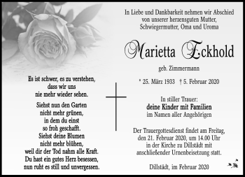Traueranzeige von Marietta Eckhold von Südthüringer Presse