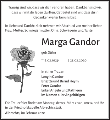 Traueranzeige von Marga Gandor von Südthüringer Presse