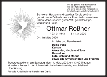 Traueranzeige von Ottmar Roßner von Frankenpost