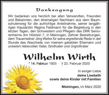Traueranzeige von Wilhelm Wirth von Südthüringer Presse