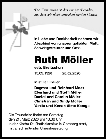 Traueranzeige von Ruth Möller von Südthüringer Presse