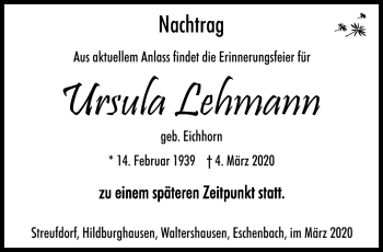 Traueranzeige von Ursula Lehmann von Südthüringer Presse